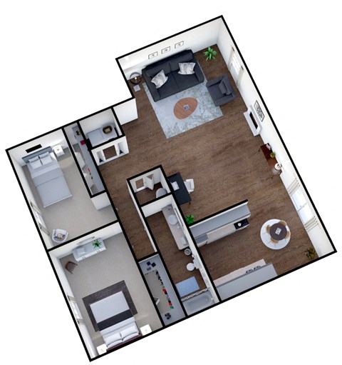 A floor plan of a two bedroom apartment in University Place, WA.